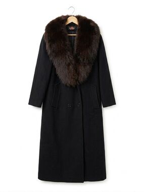 VTG ALORNA 100% Pure Wool Black Trench Coat Genuine Fur Collar UNITE Union USA